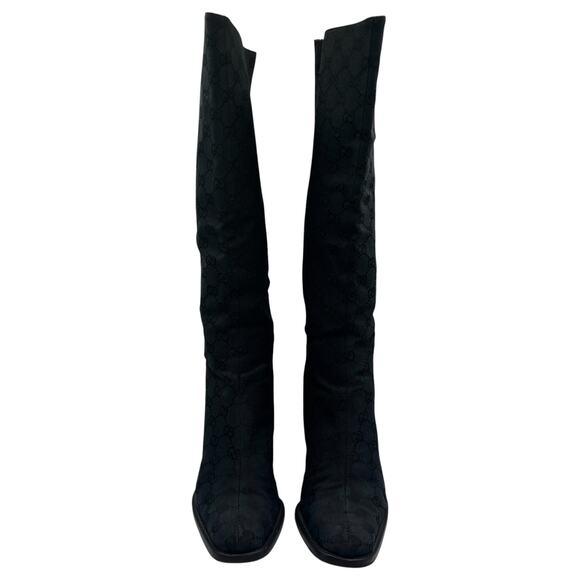 Gucci Vintage Canvas Monogram Block Heels Knee High Boots Black 38.5C US 8.5C - Picture 2 of 14